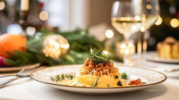 ai gerado inverno feriado refeição para jantar celebração cardápio, a Principal curso festivo prato para Natal, família evento, Novo ano e feriados, Inglês país Comida receita foto