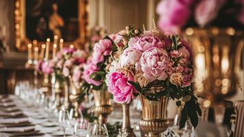 ai gerado Casamento decoração com peônias, floral decoração e evento celebração, peônia flores e Casamento cerimônia dentro a jardim, Inglês país estilo foto