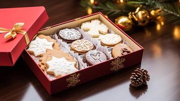 ai gerado Natal biscoitos, feriado bolacha presente caixa e casa assa, inverno feriados presente para Inglês país chá dentro a cabana, caseiro bolo seco friável e cozimento receita foto