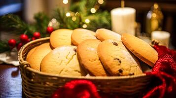 ai gerado Natal biscoitos, feriado bolacha receita e casa cozimento, doce sobremesa para acolhedor inverno Inglês país chá dentro a cabana, caseiro Comida e cozinhando foto