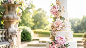 ai gerado Casamento decoração com peônias, floral decoração e evento celebração, peônia flores e Casamento cerimônia dentro a jardim, Inglês país estilo foto