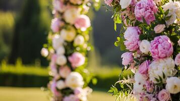 ai gerado Casamento decoração com peônias, floral decoração e evento celebração, peônia flores e Casamento cerimônia dentro a jardim, Inglês país estilo foto