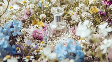 ai gerado perfume garrafa dentro flores, fragrância em florescendo fundo, floral odor e Cosmético produtos foto