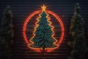 ai gerado ai gerado néon Natal árvore luz em a parede foto
