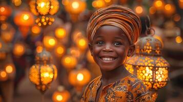 ai gerado ai generativo foto do uma feliz muçulmano Garoto com Ramadã lanternas dentro ruas