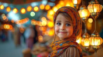 ai gerado ai generativo foto do uma feliz muçulmano menina com Ramadã lanternas dentro ruas