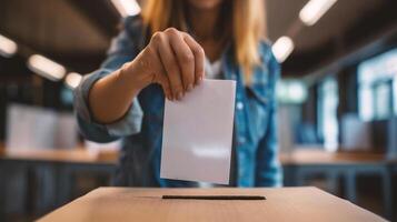 ai gerado cortada imagem do empresária segurando em branco papel às mesa dentro escritório foto