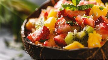 ai gerado fresco fruta salada com morangos, kiwi, manga e coco foto