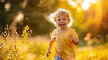 ai gerado pequeno menina corrida dentro a Prado em uma ensolarado dia. a criança é sorridente. foto