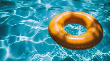 ai gerado laranja inflável anel flutuando dentro uma natação piscina com azul água fundo foto