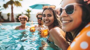 ai gerado grupo do amigos tendo Diversão dentro natação piscina e bebendo coquetéis às recorrer foto