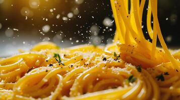 ai gerado espaguete com parmesão queijo e ervas em uma Preto fundo foto