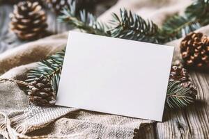 ai gerado Natal cumprimento cartão brincar com Natal árvore e apresenta em de madeira mesa foto