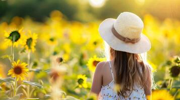 ai gerado retrato do uma lindo pequeno menina dentro uma Palha chapéu dentro uma girassol campo foto