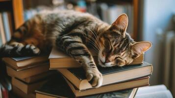ai gerado fofa gato dorme em uma pilha do livros. a gato é deitado em a livros foto
