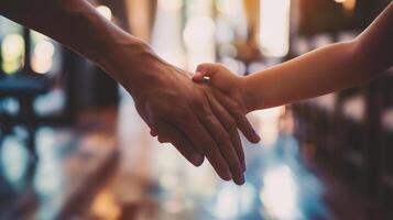 ai gerado fechar acima do uma criança e mulher segurando mãos juntos dentro uma cafeteria foto