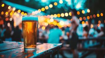 ai gerado Cerveja vidro em a mesa dentro uma bar com bokeh fundo foto