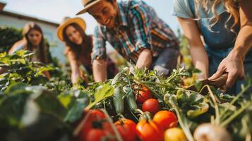 ai gerado grupo do agricultores trabalhando dentro uma vegetal jardim foto