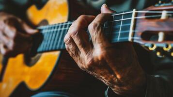 ai gerado fechar acima do uma homem jogando acústico guitarra. fechar acima do a mãos do uma homem jogando a guitarra. foto