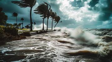 ai gerado lindo Visão do uma tormentoso oceano com Palma árvores e ondas foto