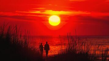 ai gerado silhueta do jovem casal em a de praia às lindo pôr do sol foto