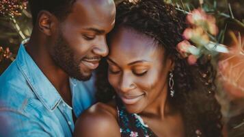 ai gerado fechar-se retrato do uma feliz jovem casal abraçando cada de outros dentro a parque foto