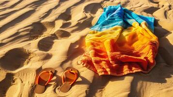 ai gerado de praia toalha, giro flops e oculos de sol em areia às pôr do sol foto