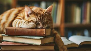 ai gerado fofa gato dorme em uma pilha do livros. a gato é deitado em a livros foto