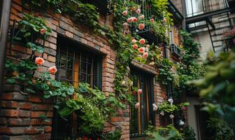 ai gerado janela e tijolo parede coberto com flores foto