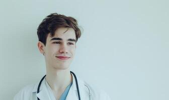 ai gerado retrato do jovem masculino médico com estetoscópio em branco fundo foto