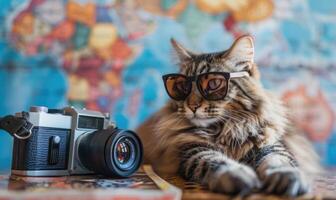 ai gerado fofa gato vestindo oculos de sol com Câmera e mapa em fundo. foto