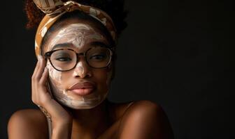 ai gerado lindo africano americano mulher aplicando face mascarar em Preto fundo. pele Cuidado, beleza foto