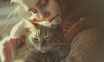 ai gerado lindo jovem mulher com dela gato às casa em a peitoril da janela foto