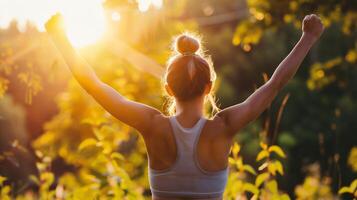 ai gerado Atlético mulher dentro roupa de esporte alongamento dela braços às pôr do sol foto