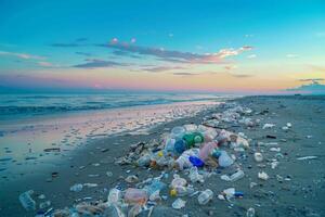 ai gerado de várias plástico garrafas em a de praia areia, poluição para a ambiente. generativo ai foto