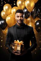 ai gerado feliz africano americano aniversário homem segurando com presente caixa, ouro e Preto balões dentro a fundo. ai gerado foto