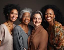 ai gerado grupo do multirracial fêmeas tendo Diversão contra uma Castanho fundo. ai gerado foto