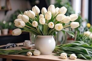 ai gerado branco buquês do tulipas dentro uma flor fazer compras - fresco cortar flores dentro caixas e vasos dentro uma armazém e prateleiras para oferta, Entrega para a feriado. primavera, marcha 8, mulheres dia, aniversário foto