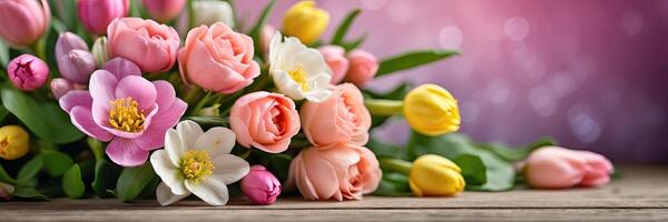 ai gerado uma ramalhete do Primavera flores em a mesa em uma sólido fundo com festivo bokeh luzes. uma festivo aniversário cartão, marcha 8º, uma Primavera presente. ai gerado foto