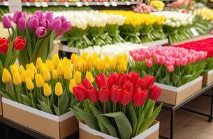 ai gerado colorida buquês do tulipas dentro uma flor fazer compras - fresco cortar flores dentro caixas e vasos dentro uma armazém e prateleiras para oferta, Entrega para a feriado. primavera, marcha 8, mulheres dia, aniversário. foto