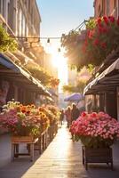 ai gerado flor mercado em a ensolarado rua do a cidade - viver cortar buquês estão vendido em ao ar livre barracas. ai gerado foto