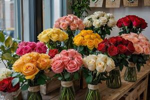 ai gerado multicolorido rosas dentro uma flor fazer compras - fresco fornecem do cortar flores para Primavera feriados, floral fazer compras. ai gerado foto