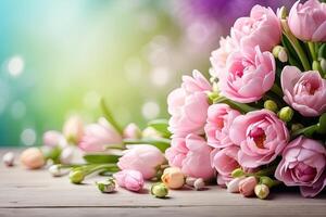 ai gerado uma ramalhete do Primavera flores em a mesa em uma sólido fundo com festivo bokeh luzes e cópia de espaço. uma festivo aniversário cartão, marcha 8º, uma Primavera presente. ai gerado foto