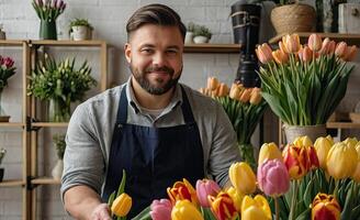 ai gerado homem florista coleta uma ramalhete do tulipas - fresco cortar flores dentro caixas e vasos dentro uma armazém e prateleiras para oferta, Entrega para a feriado. primavera, marcha 8, mulheres dia, aniversário foto
