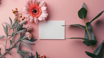 ai gerado em branco cartão decorado com flor em Rosa pastel fundo foto