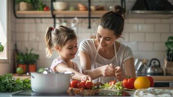 ai gerado mãe e filha cozinhando juntos dentro a cozinha, mãe e filha vínculo foto