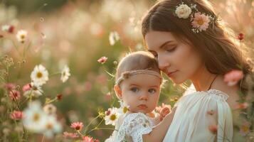 ai gerado retrato do jovem mãe com dela bebê dentro florescendo Primavera jardim foto