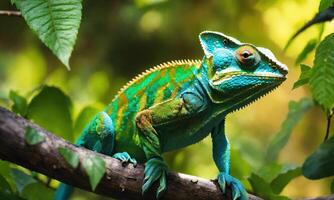 ai gerado colorida camaleão em a árvore dentro a floresta. fechar acima. ai generativo foto