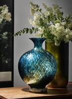 ai gerado colorida decorativo vidro vaso com verde e azul padronizar em a mesa. fechar acima. ai generativo foto