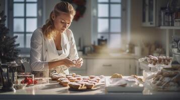 ai gerado multy étnico homem e mulher cozimento, preparando festivo jantar dentro moderno cozinha com Natal decorações foto